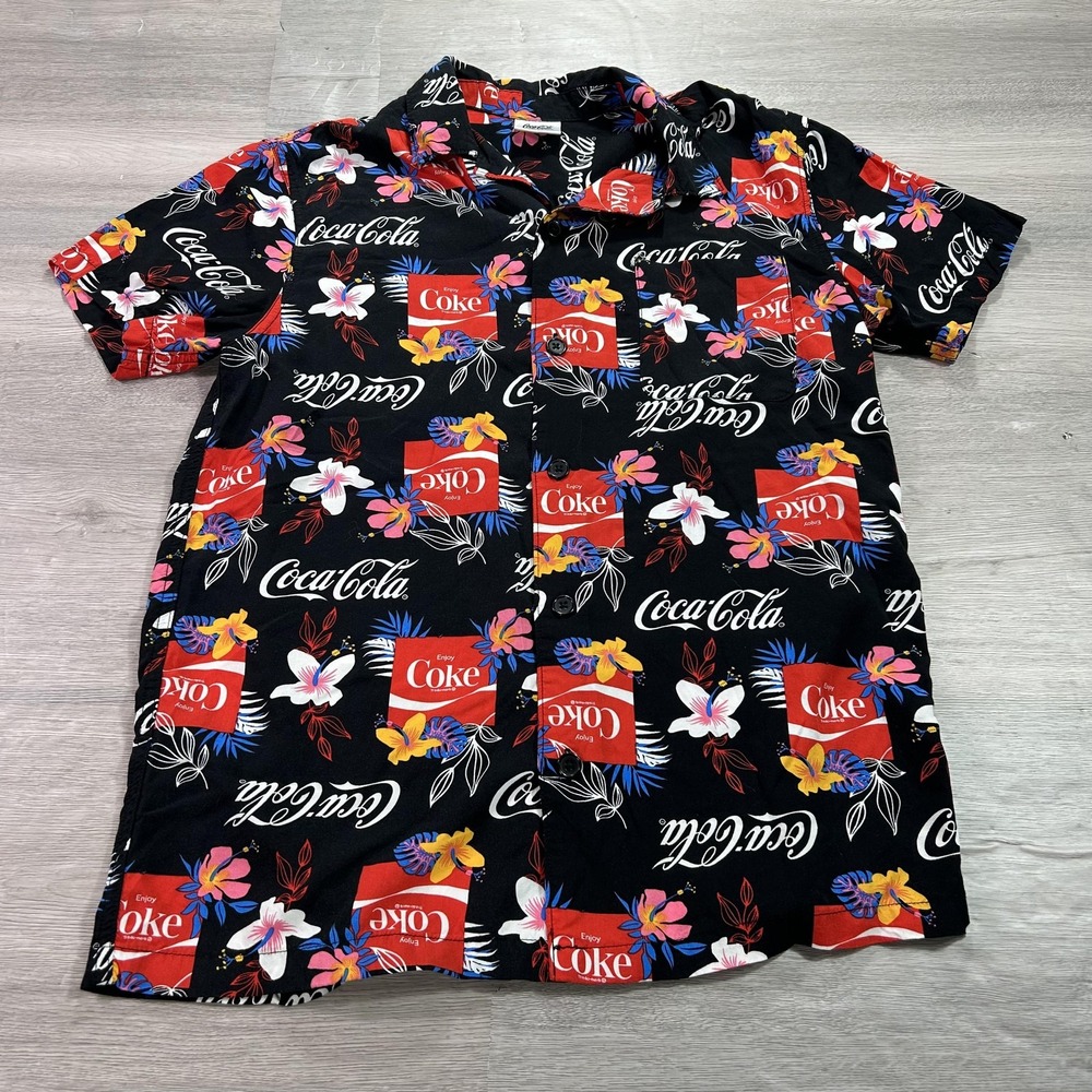 Coca Cola Shirt Mens Small Black Hawaiian Aloha Button Front Rayon Logo
